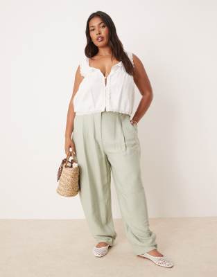 ASOS Curve ASOS DESIGN Curve textured barrel trousers in sage-Green