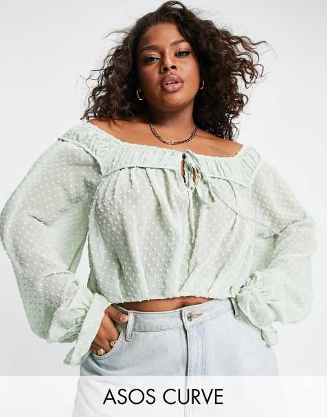 ASOS DESIGN Curve textured blouse with volume sleeves & tie front in sage green - view 1