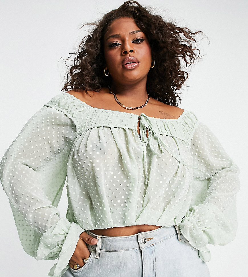 ASOS DESIGN Curve textured blouse with volume sleeves & tie front in sage green