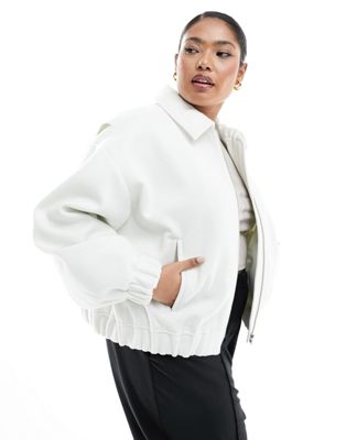 Asos Curve Asos Design Curve Textured Bomber Jacket With Collar Detail In Ecru-white
