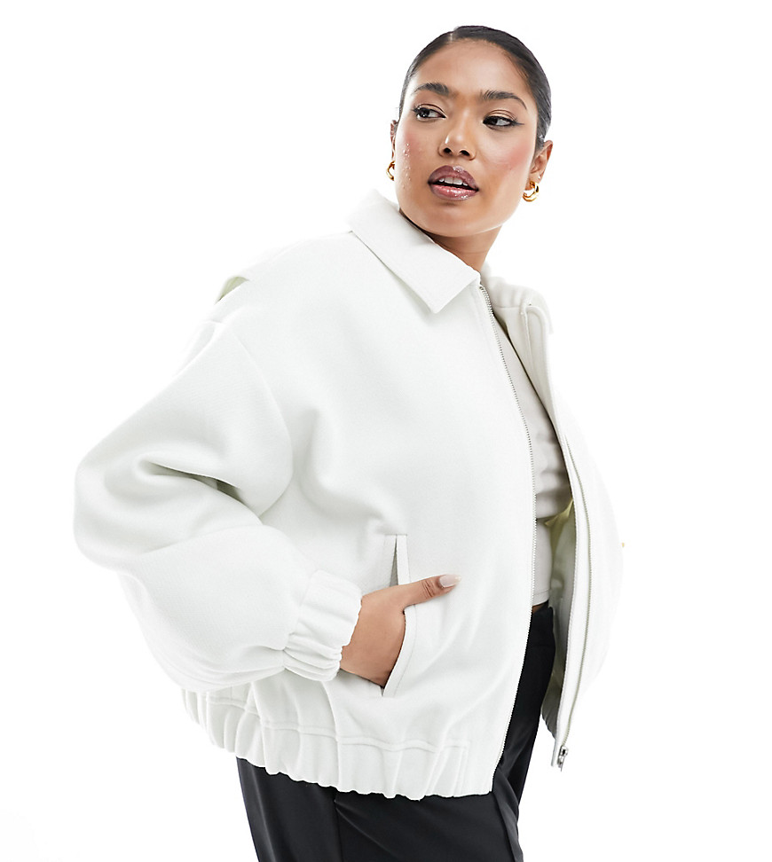 Asos Curve Asos Design Curve Textured Bomber Jacket With Collar Detail In Ecru-white