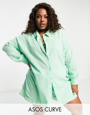 ASOS DESIGN Curve textured button through beach shirt in pastel green