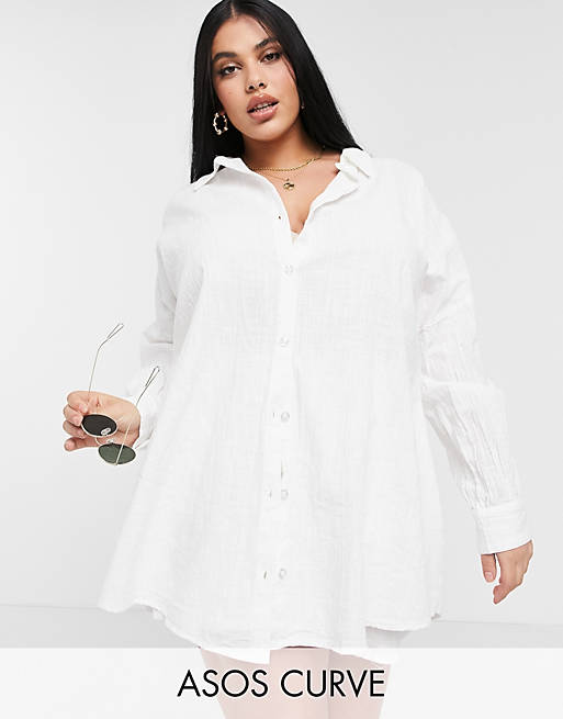 Women Shirts & Blouses/Curve textured button through beach shirt in white 