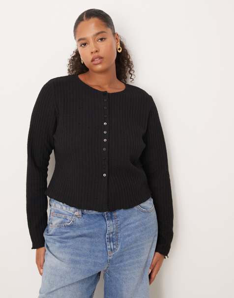 ASOS DESIGN Curve textured button through long sleeve top in black - view 1