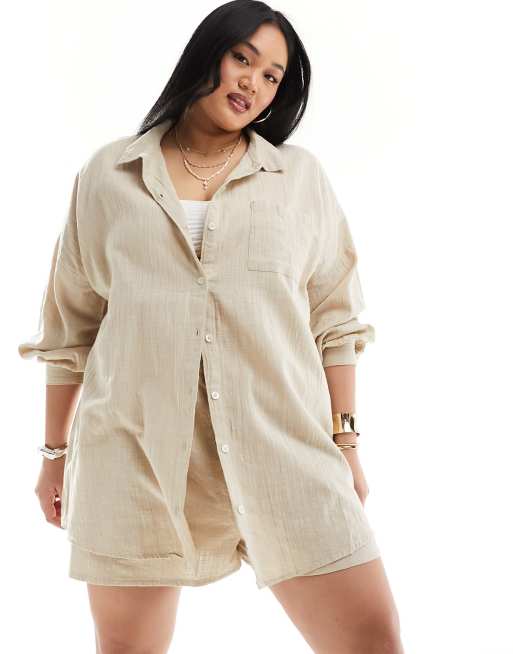 ASOS DESIGN Curve textured button up beach shirt in natural - part of a set