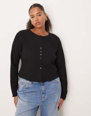 Asos Curve Asos Design Curve Textured Button Up Long Sleeve Top In Black