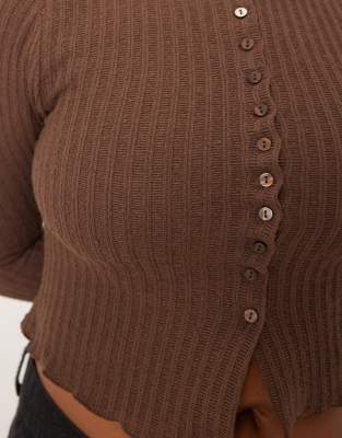 Asos Curve Asos Design Curve Textured Button Up Long Sleeve Top In Brown