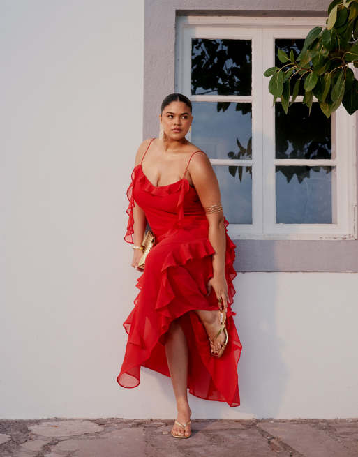ASOS DESIGN Curve textured chiffon maxi dress with trailing ruffles in red