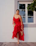 [ASOS Curve] ASOS DESIGN Curve textured chiffon maxi dress with trailing ruffles in red 22 RED
