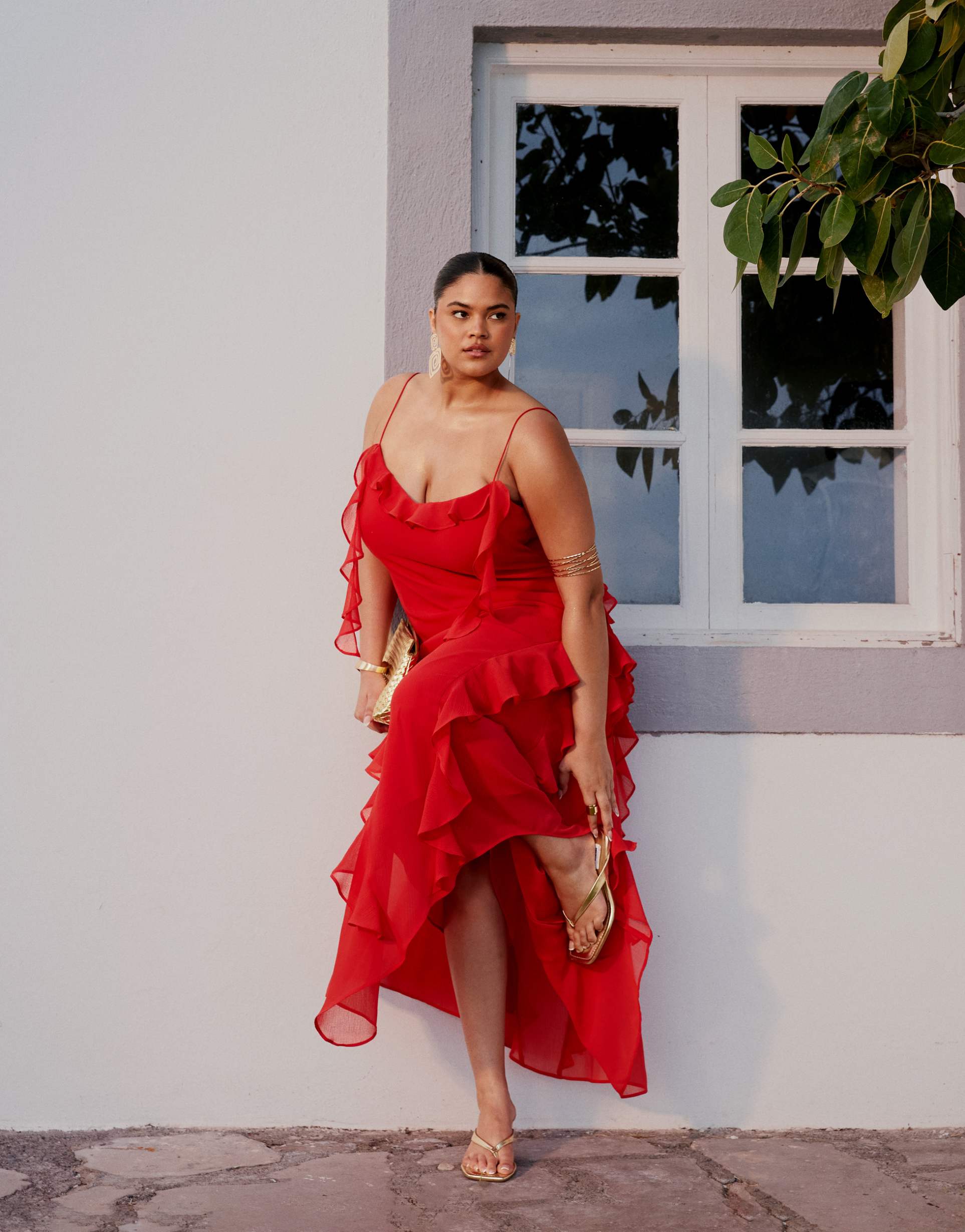 asos design curve textured chiffon maxi dress with trailing ruffles in red