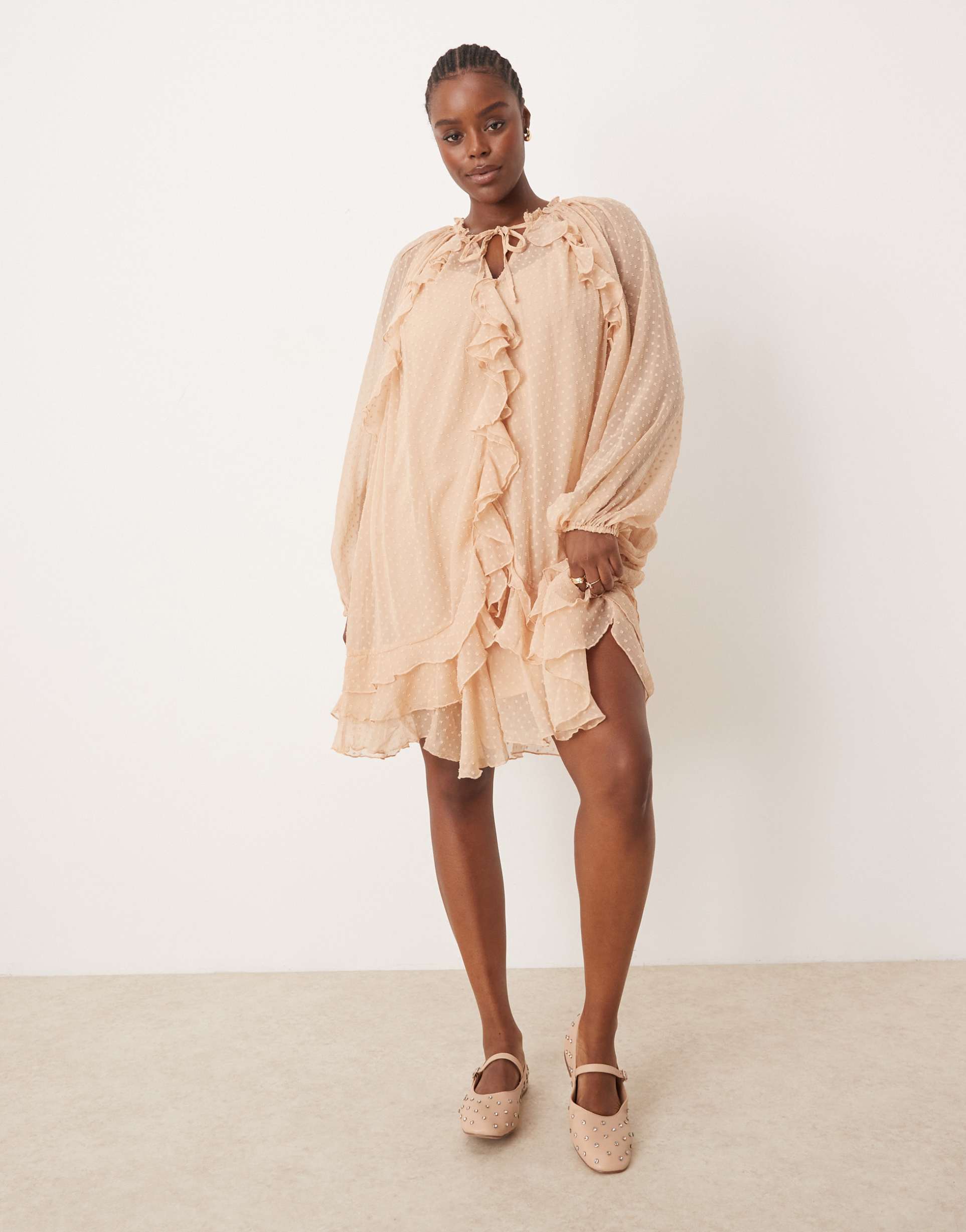 asos design curve textured chiffon mini dress with ruffles & blouson sleeve in peach