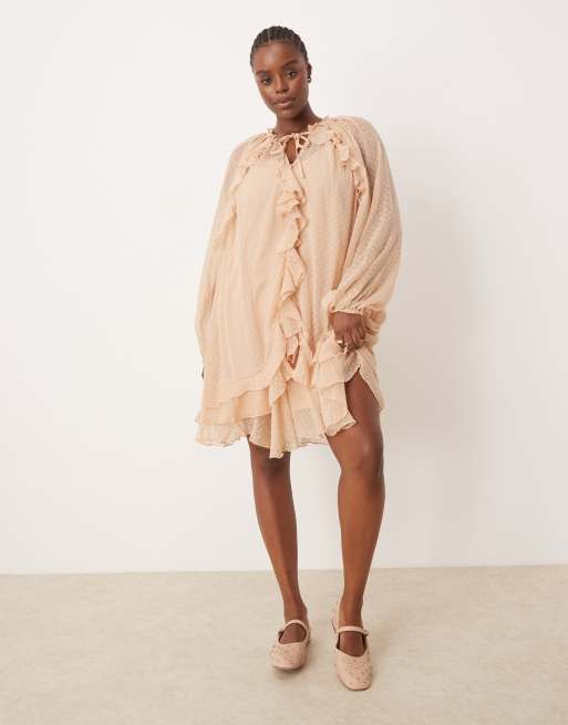 ASOS DESIGN Curve textured chiffon mini dress with ruffles & blouson sleeve in peach