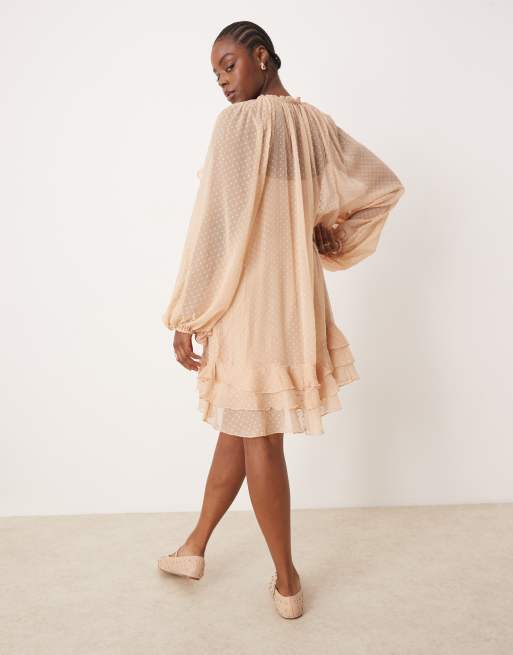 ASOS DESIGN Curve textured chiffon mini dress with ruffles & blouson sleeve  in peach | ASOS