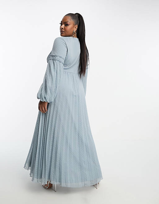 ASOS DESIGN Curve textured chiffon pleat maxi dress with frill seam detail  in pale blue