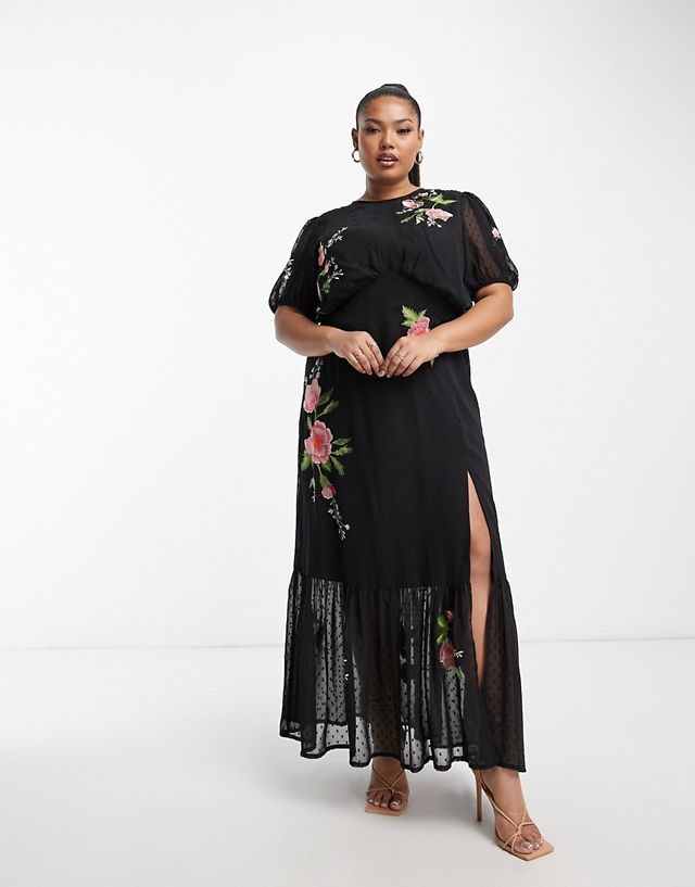 ASOS DESIGN Curve textured chiffon puff sleeve midi tea dress with floral embroidery in black