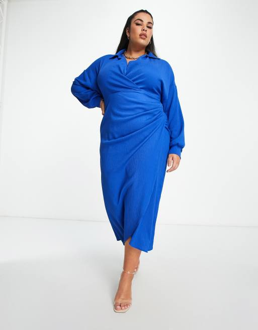 ASOS DESIGN Curve textured collared wrap midi dress in bright blue