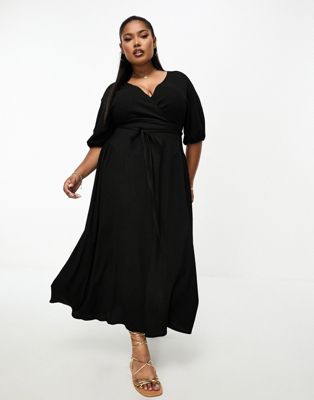 ASOS DESIGN Curve textured crinkle wrap midi dress with tie side in black