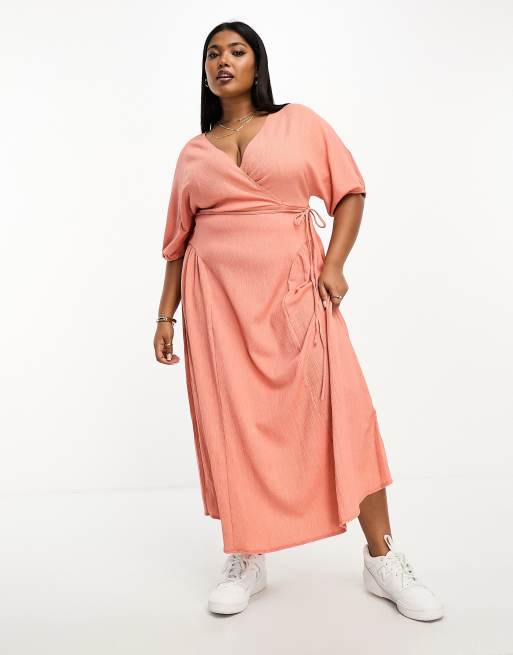 Crinkle Split Neck Midi Wrap Dress