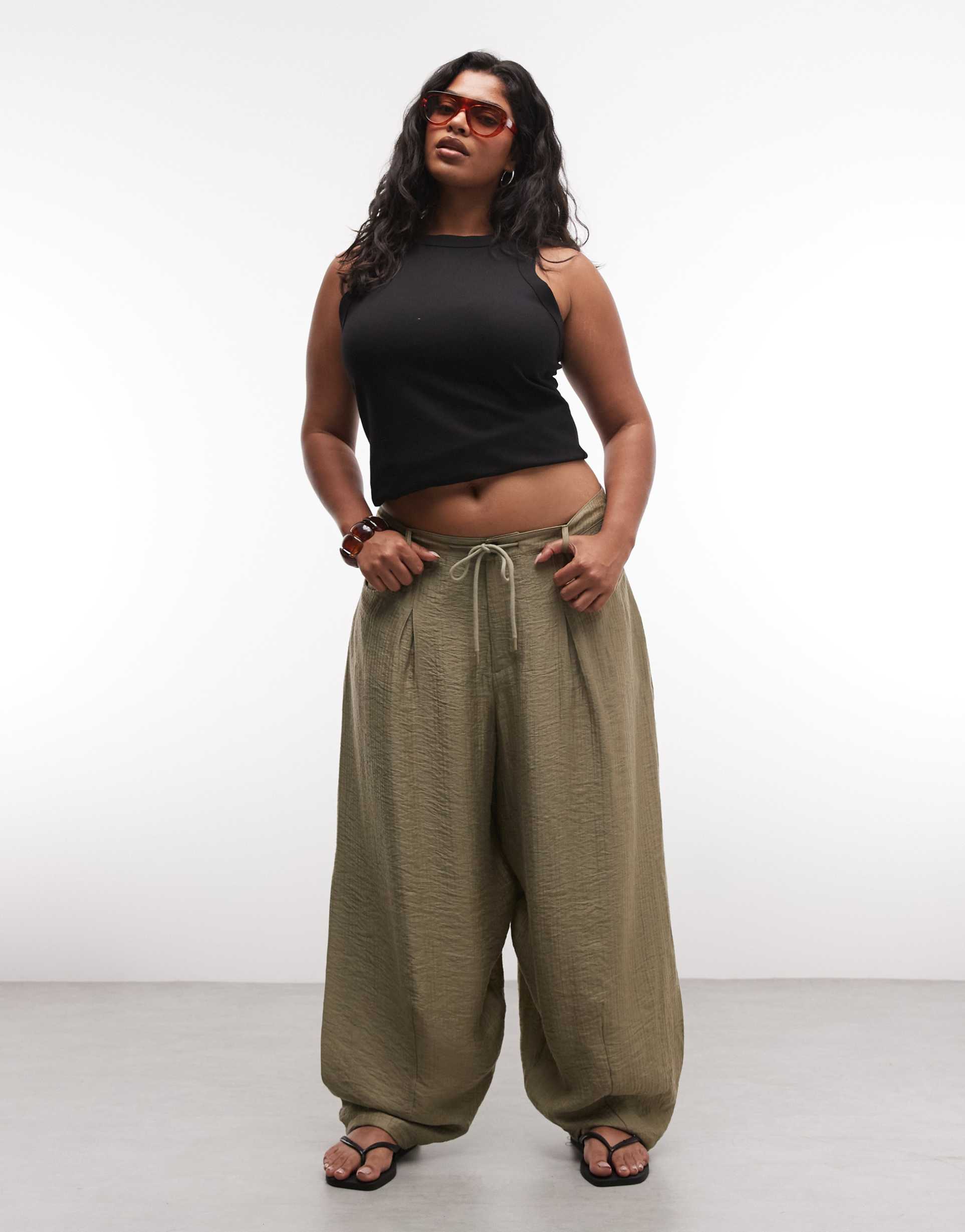 asos design curve textured drawstring waist balloon pants in green