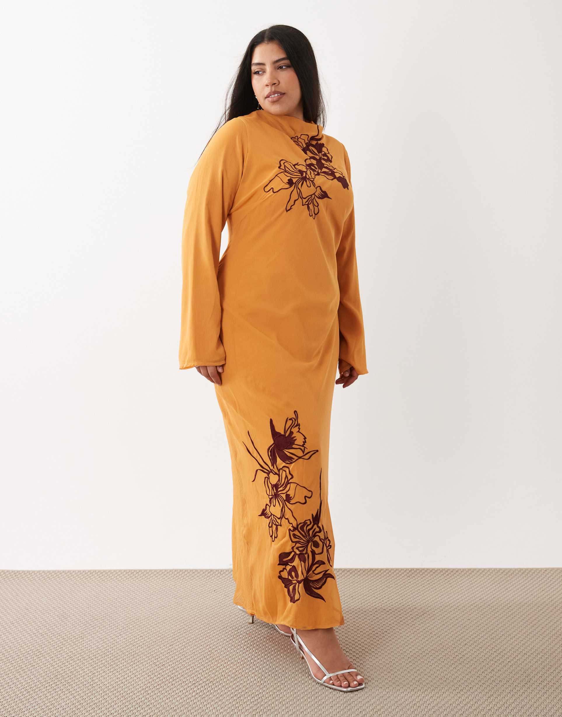 asos design curve textured embroidered maxi dress in orange