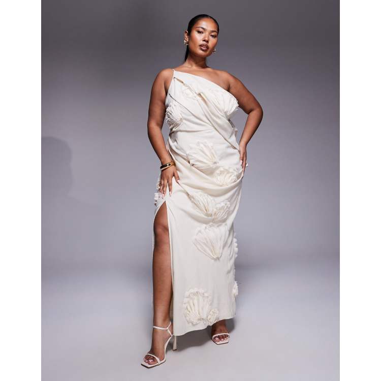 asos floral one shoulder dress ASOS DESIGN Curve textured floral one shoulder maxi dress in natural