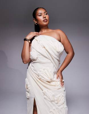 Asos Curve Asos Design Curve Textured Floral One Shoulder Maxi Dress In Neutral