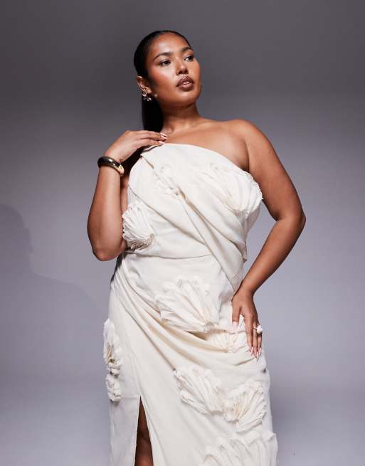ASOS DESIGN Curve textured floral one shoulder maxi dress in natural