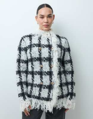 Asos Curve Asos Design Curve Textured Fringe Checked Cardigan In Black
