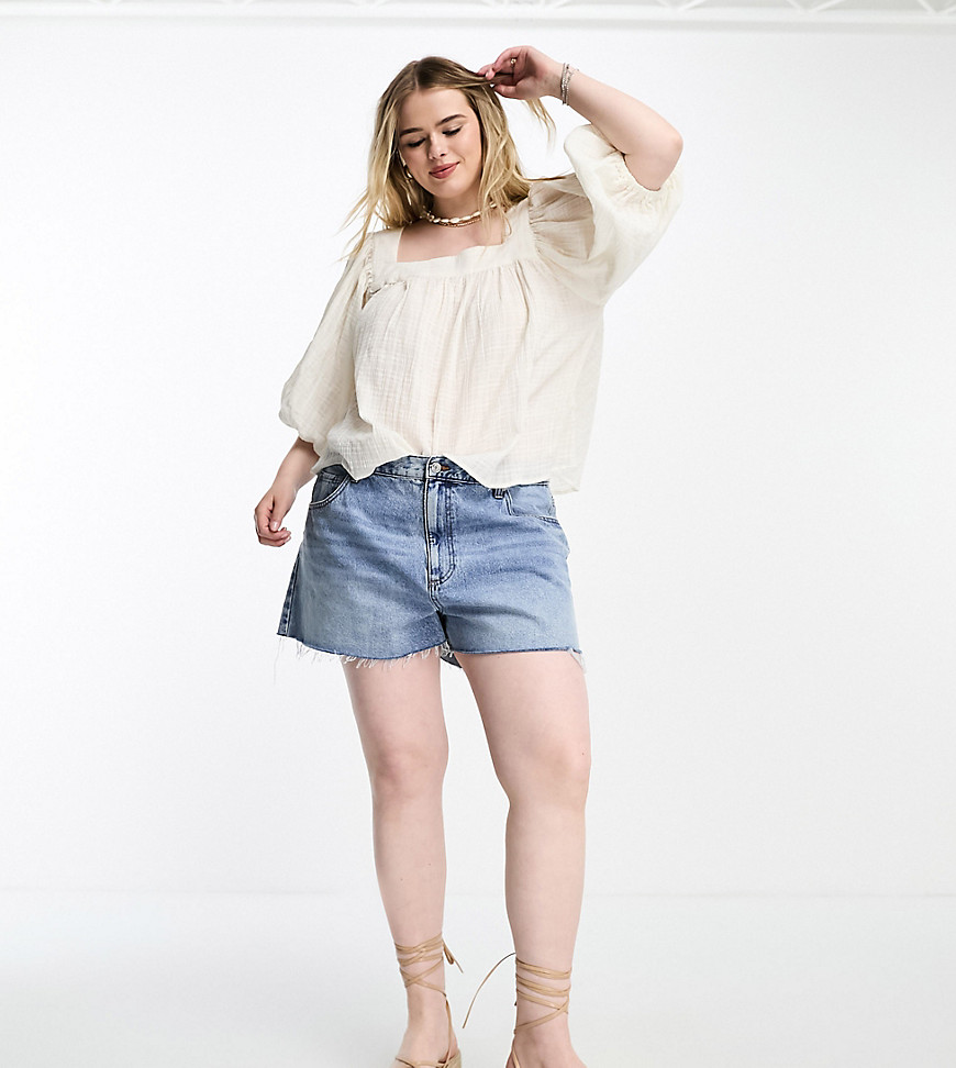 Asos Curve Asos Design Curve Textured Gauze Square Neck Top With Volume Sleeve In White