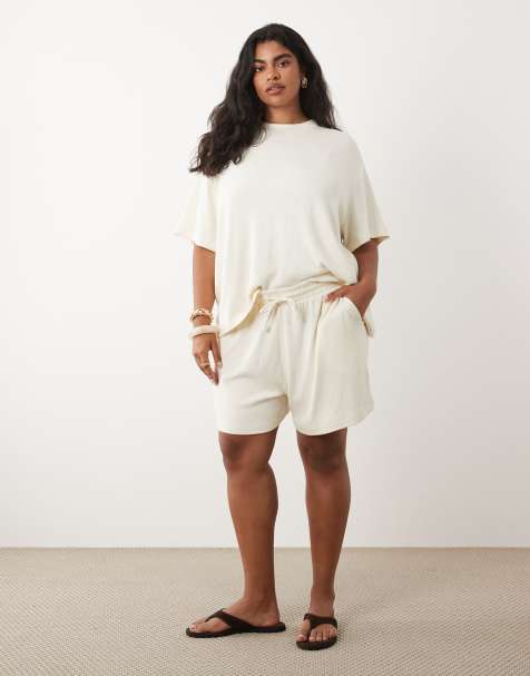 ASOS DESIGN Curve textured knit runner shorts in cream (part of a set) - view 1