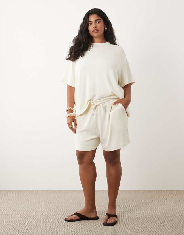 ASOS DESIGN Curve textured knit runner shorts in cream - part of a set