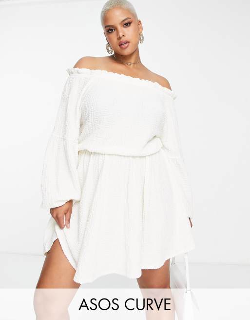 ASOS DESIGN Curve textured long sleeve bardot mini dress in ivory