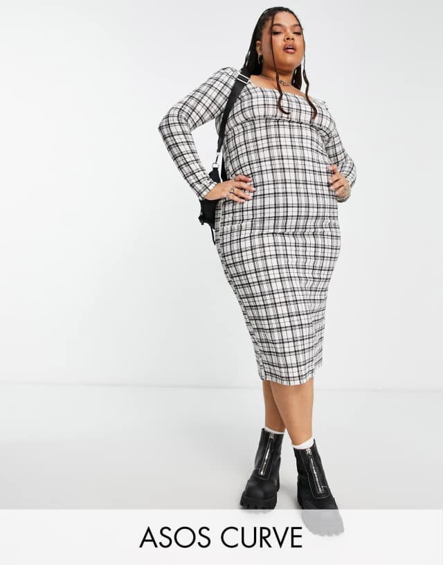 ASOS DESIGN Curve textured long sleeve body-conscious midi dress in mono check