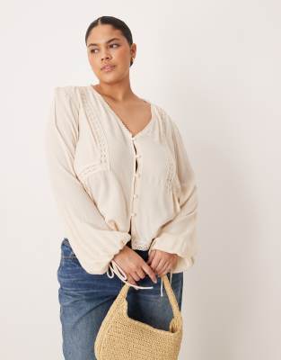 Asos Curve Asos Design Curve Textured Long Sleeve Lace Insert Blouse In White