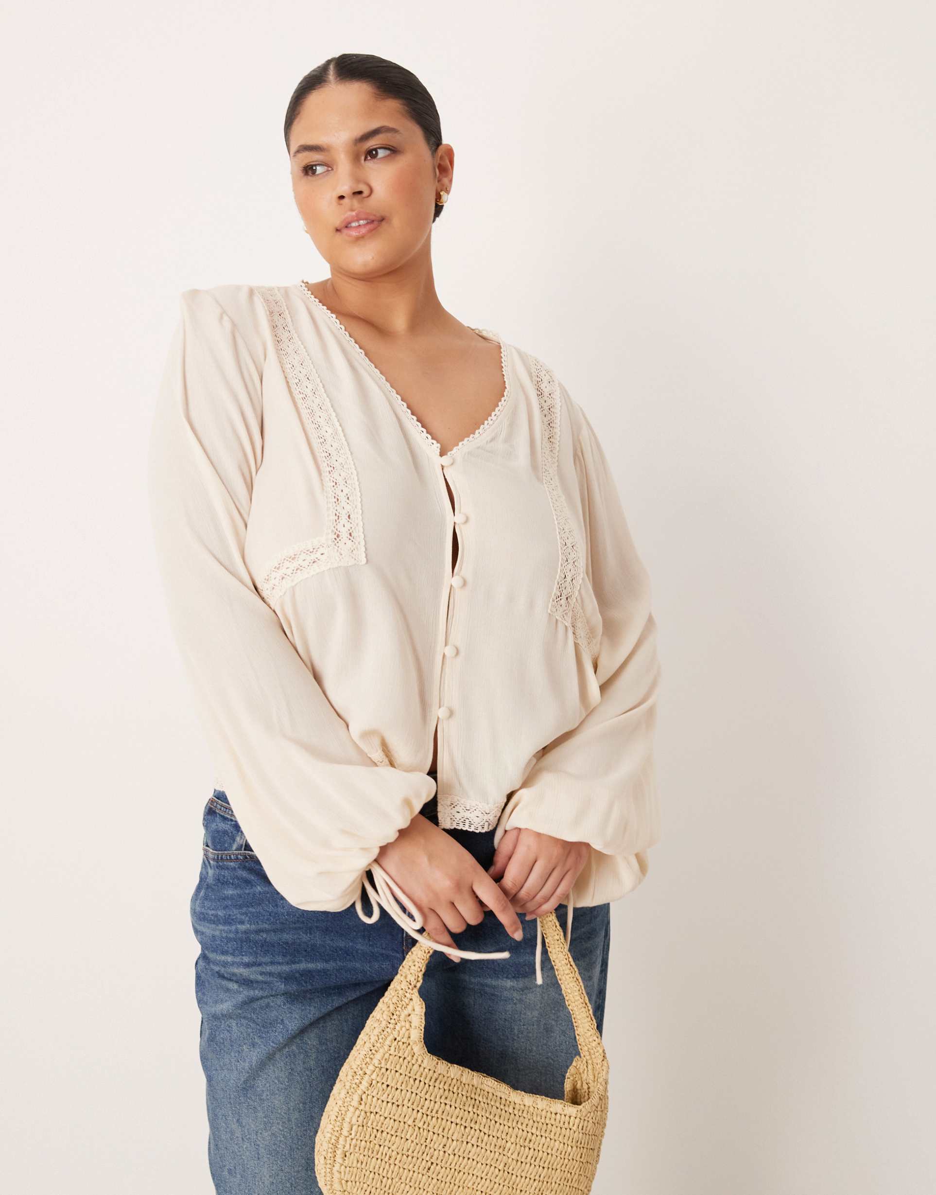 asos design curve textured long sleeve lace insert blouse in stone