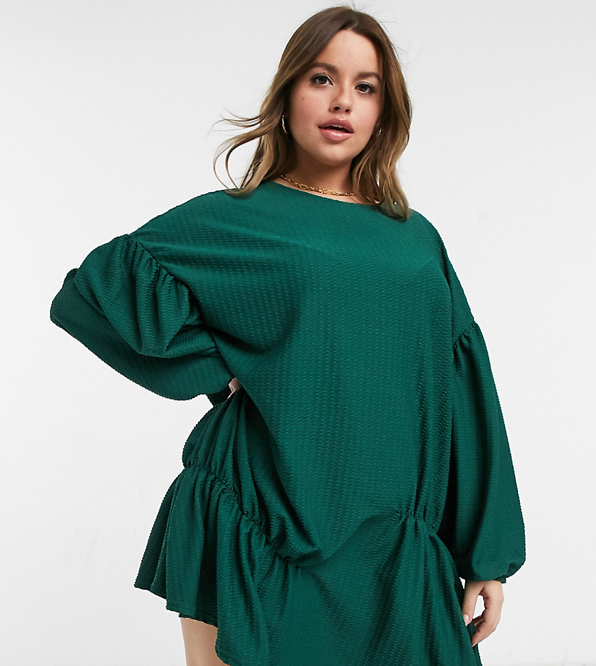 ASOS DESIGN Curve textured long sleeve smock dress with seam detail in forest green