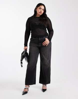 Asos Curve Asos Design Curve Textured Mesh Hotfix Long Sleeve Top In Black