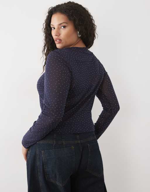 ASOS DESIGN Curve textured mesh hotfix long sleeve top in navy, 2 of 4