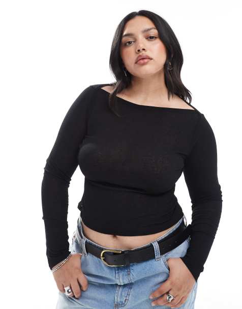 ASOS DESIGN Curve textured mesh slash neck long sleeve top in black - view 1