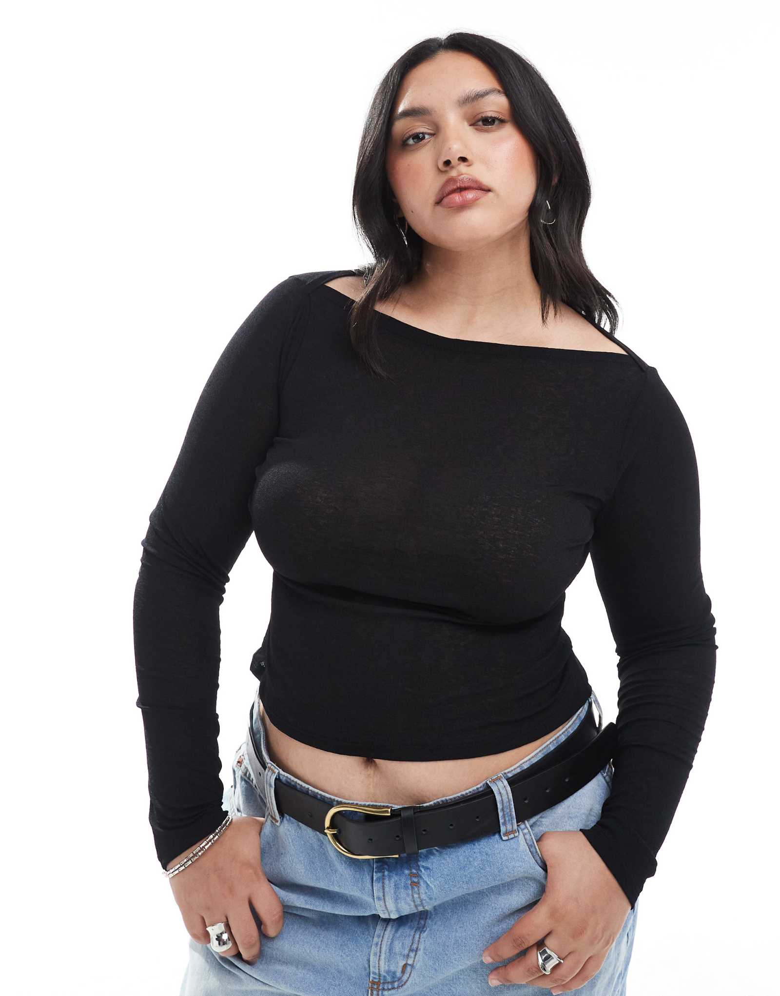 Топ с длинным рукавом и вырезом лодочкой из текстурированной сетки ASOS DESIGN curve черного цвета