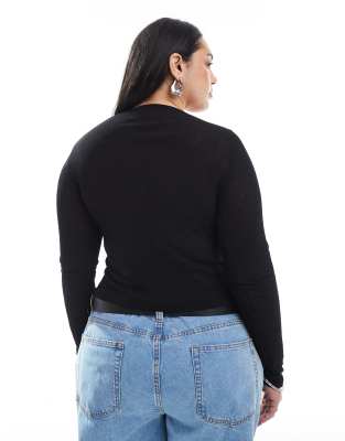 Asos Curve Asos Design Curve Textured Mesh Slash Neck Long Sleeve Top In Black