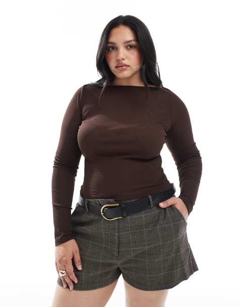 ASOS DESIGN Curve textured mesh slash neck long sleeve top in chocolate - view 1