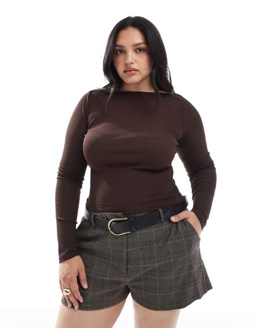 ASOS DESIGN Curve textured mesh slash neck long sleeve top in chocolate