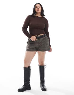 Asos Curve Asos Design Curve Textured Mesh Slash Neck Long Sleeve Top In Brown