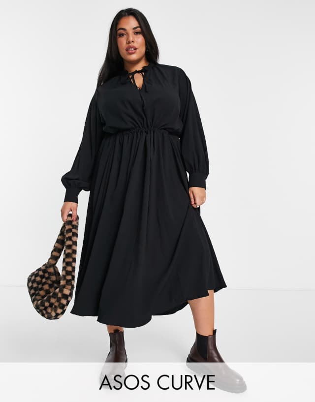 ASOS DESIGN Curve textured midi smock dress with drawstring detail in black