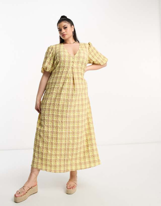 ASOS Curve - ASOS DESIGN Curve textured midi tea dress in yellow check