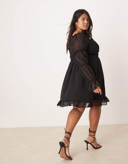 ASOS DESIGN Curve textured milkmaid long sleeve sleeve shirred waist mini  dress in black | ASOS