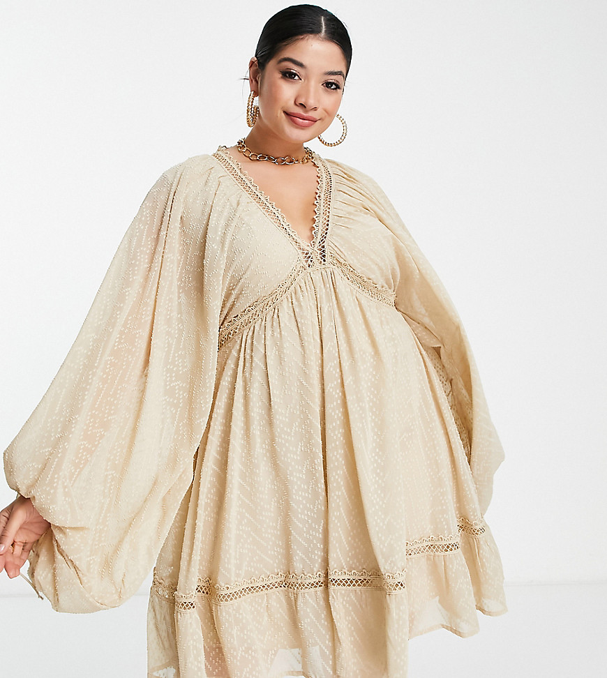 ASOS DESIGN Curve textured mini smock dress with blouson sleeve in stone-White