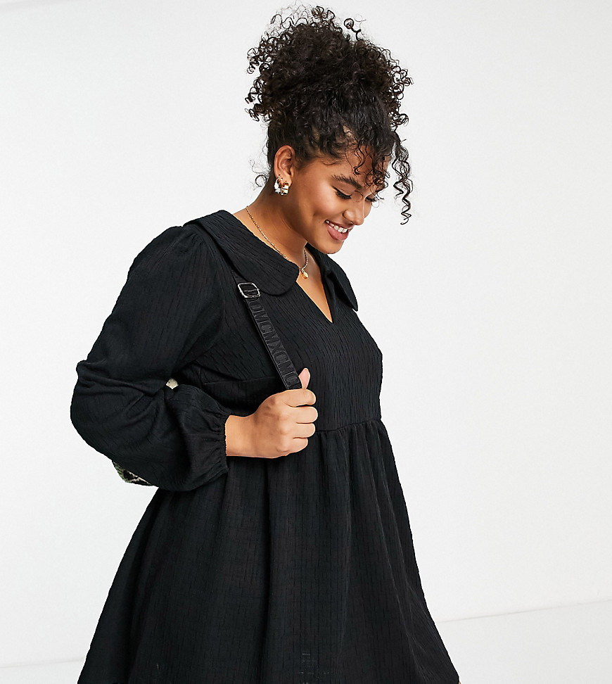 ASOS DESIGN Curve textured mini smock dress with long sleeves and large collar in black
