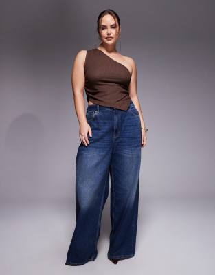 Asos Curve Asos Design Curve Textured One Shoulder Ruched Top In Brown